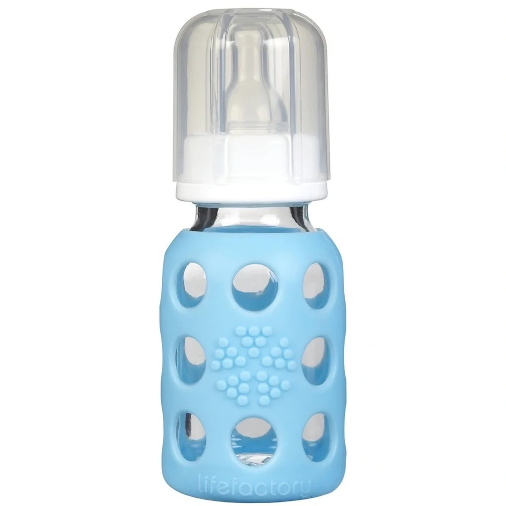 LIFE FACTORY 4 oz Glass Baby Bottle With Protective Sleeve Blue BPA Free 120 ml - Picture 1 of 2
